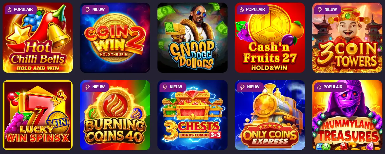 Populaire gokkasten bij Spinchester, waaronder Hot Chilli Bells, Coin Win 2 en Mummyland Treasures